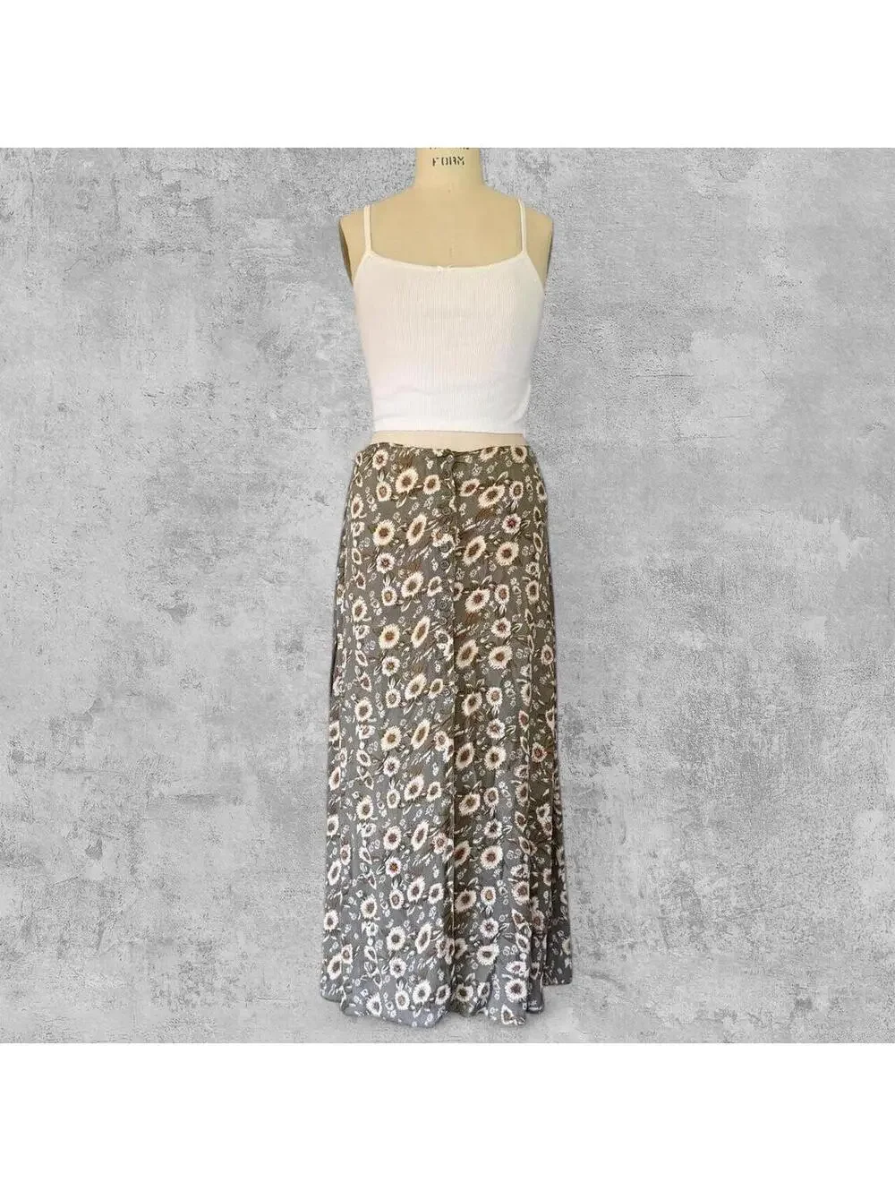 Vtg 90s Fashion Spy Olive Sage Sunflower Floral Maxi Skirt Size S Boho Indie